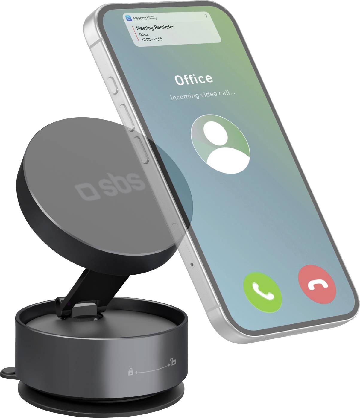 A smartphone on a stand displays an incoming video call labeled 'Office'; screen shows accept and decline call buttons.