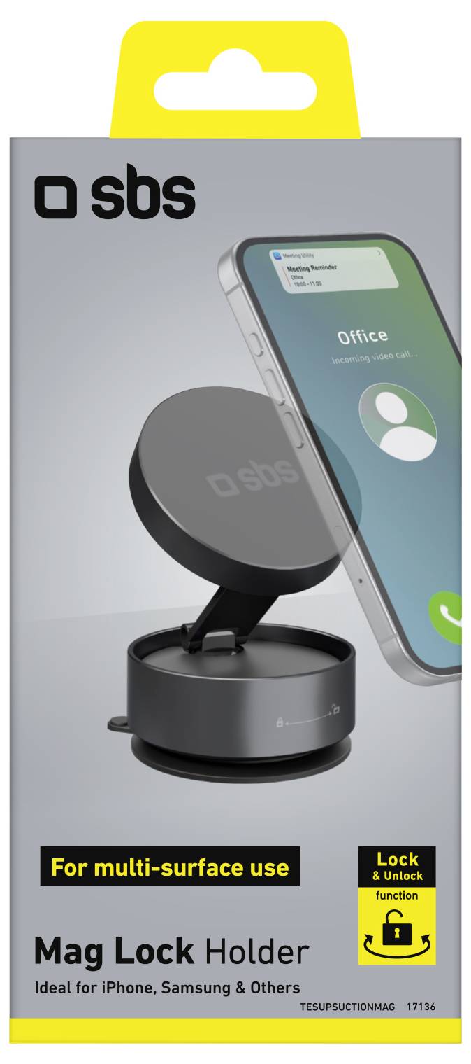 'Mag Lock Holder' packaging showing a magnetic phone holder compatible with iPhone, Samsung, and others. Highlights multi-surface use.