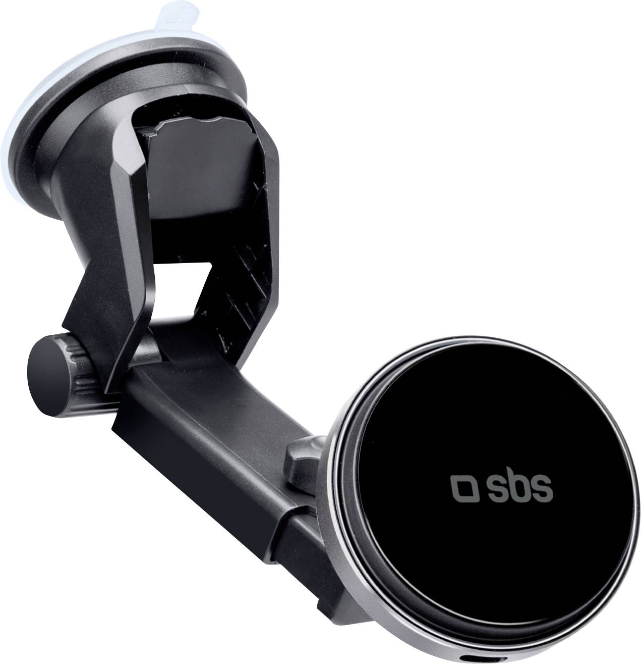 Black SBS car phone mount with suction cup and adjustable clip, shown angled on a white background.
