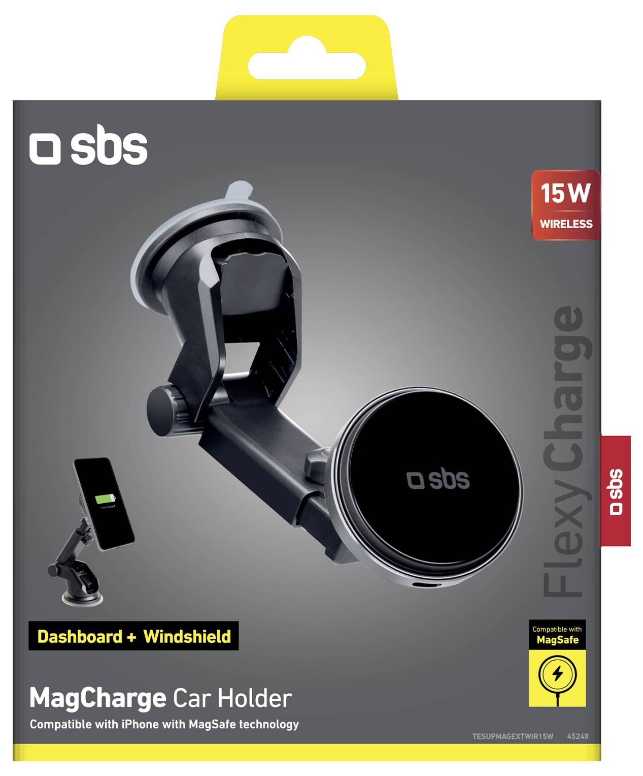 SBS MagCharge 15W wireless car holder with adjustable dashboard and windshield mount, compatible with iPhone MagSafe.<br>
