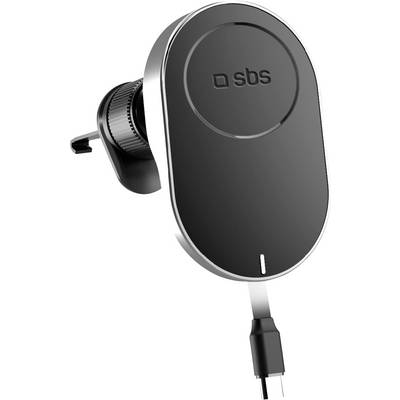 A black and silver magnetic wireless car charger for smartphones, featuring 'sbs' on the front, shown with a USB cable attached at the bottom.