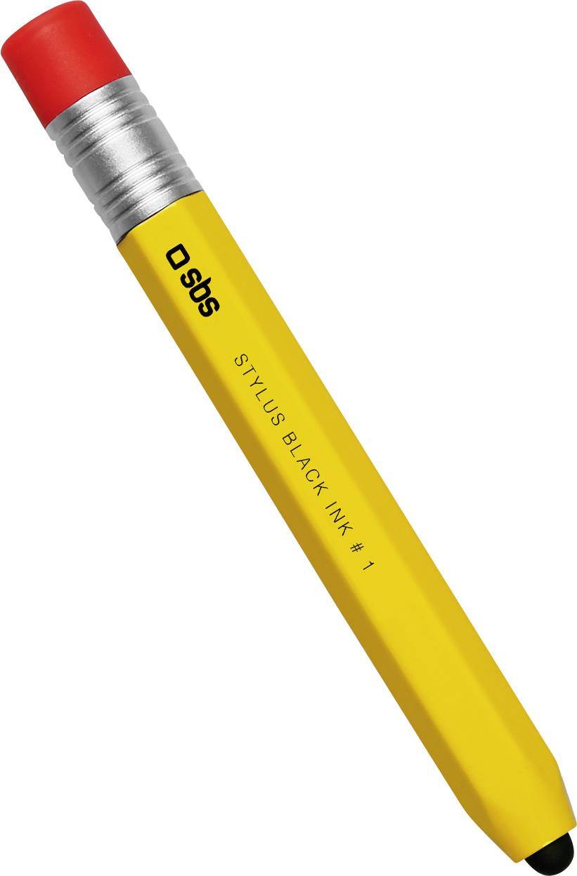 A yellow hexagonal pen with a red eraser, labeled 'Stylus Black Ink #1' by 'SBS', showcasing a retro pencil design.