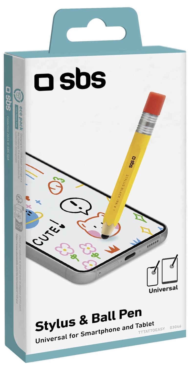 Packaging of SBS Stylus & Ball Pen, showing a stylus drawing on a smartphone screen with colorful doodles and text 'CUTE!'. Compatible with smartphones and tablets.