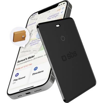 'Smart tracker device placed on a smartphone, displaying a map and text 'Samuel's Wallet', indicating location tracking capability.'