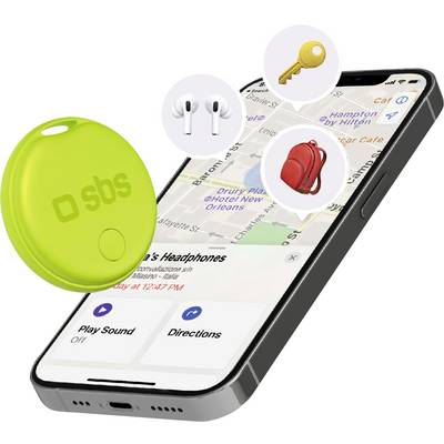 A smartphone displaying a map with tracker icons for headphones, keys, and a bag. A green tracker device is shown beside the phone.