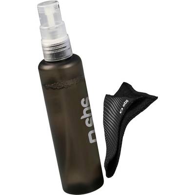 A black spray bottle labeled 'SBS' with a cap, alongside a small, textured black cloth also labeled 'SBS', used for cleaning.