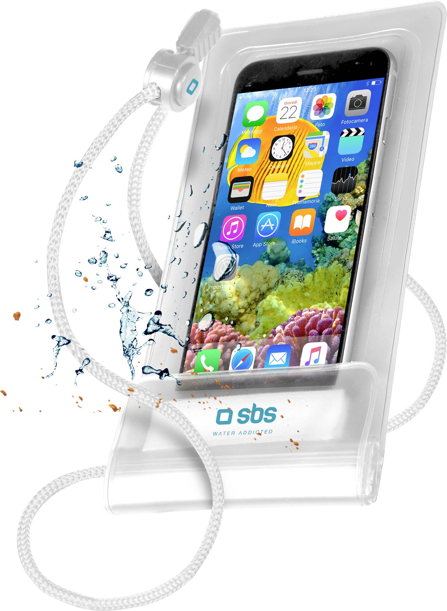 A smartphone in a clear waterproof pouch, submerged partially in water. The screen displays colorful app icons.