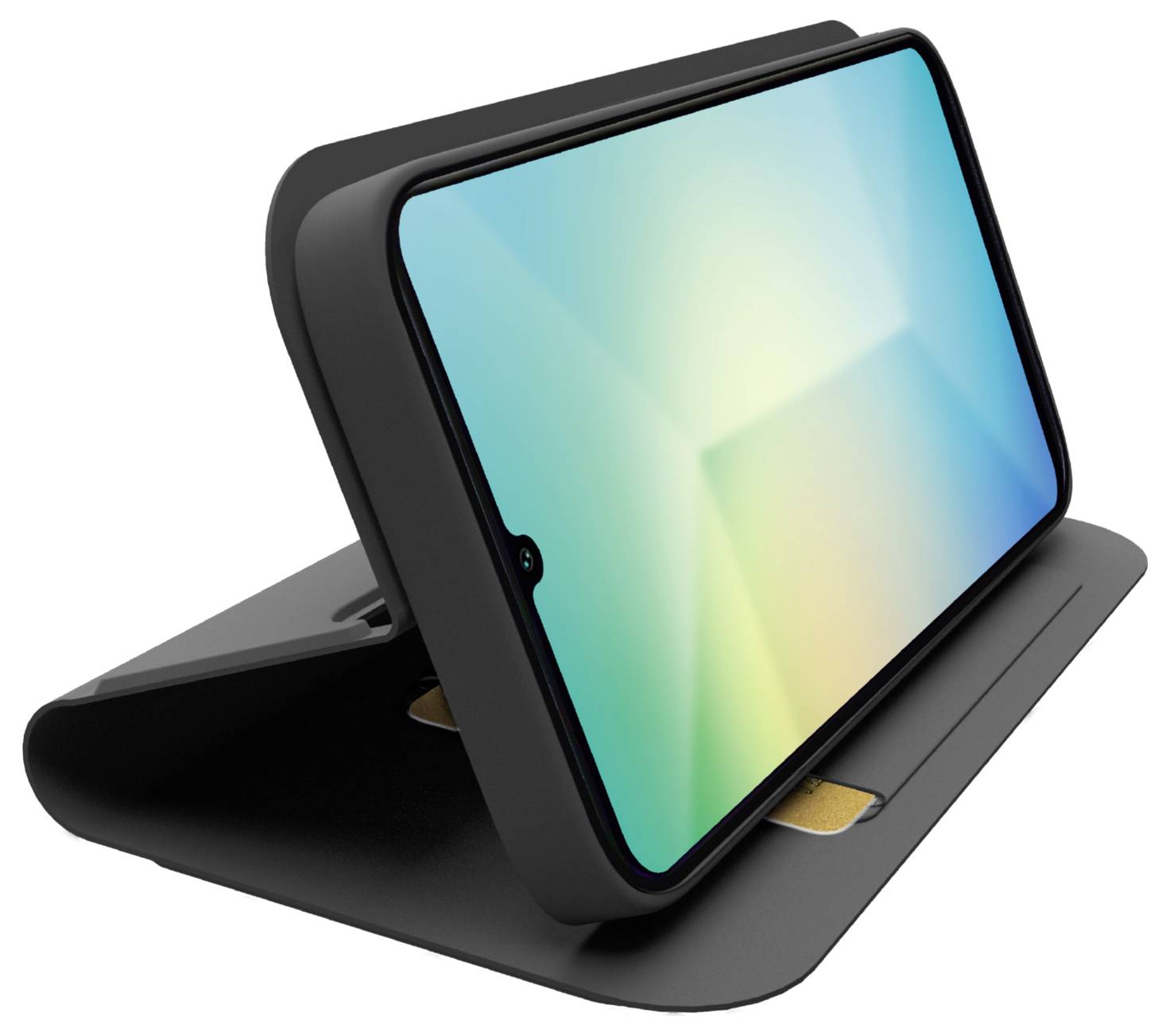 A smartphone in a black case is propped up horizontally, displaying a bright, abstract screen. The case has card slots visible inside.