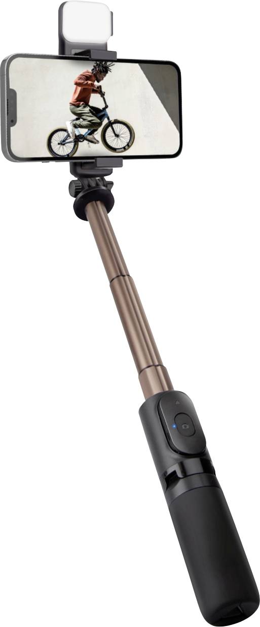 A smartphone mounted on a selfie stick displays a person biking, with an attached light above it.