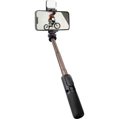 A smartphone mounted on a selfie stick displays a person biking, with an attached light above it.