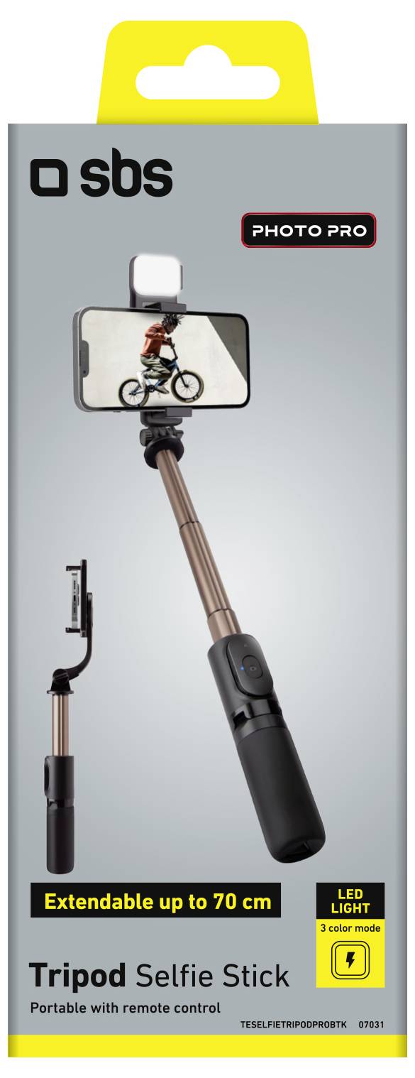 A smartphone on the tripod selfie stick captures a cyclist. Packaging highlights 'Extendable up to 70 cm' and 'LED light, 3 color modes'.
