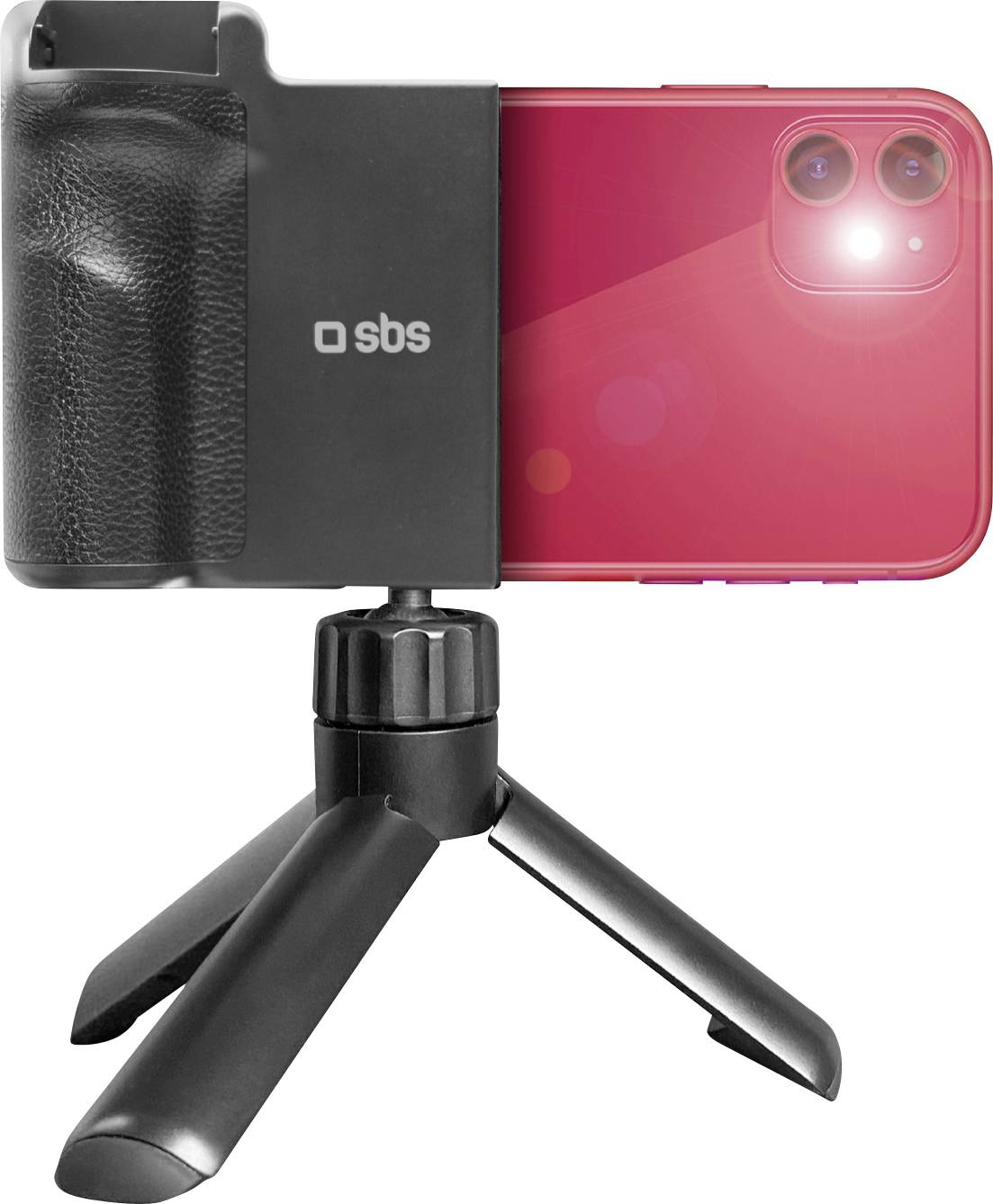 A smartphone attached to a small tripod stand with a grip holder, showing a bright red back and camera flash on, on a white background.