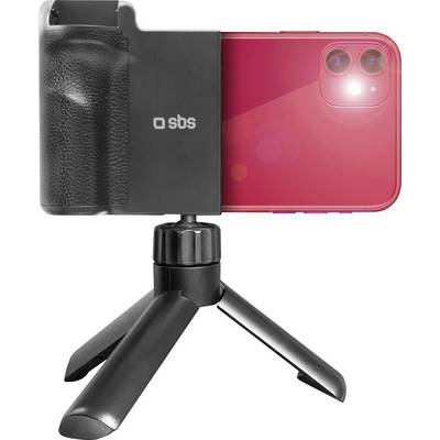 A smartphone attached to a small tripod stand with a grip holder, showing a bright red back and camera flash on, on a white background.