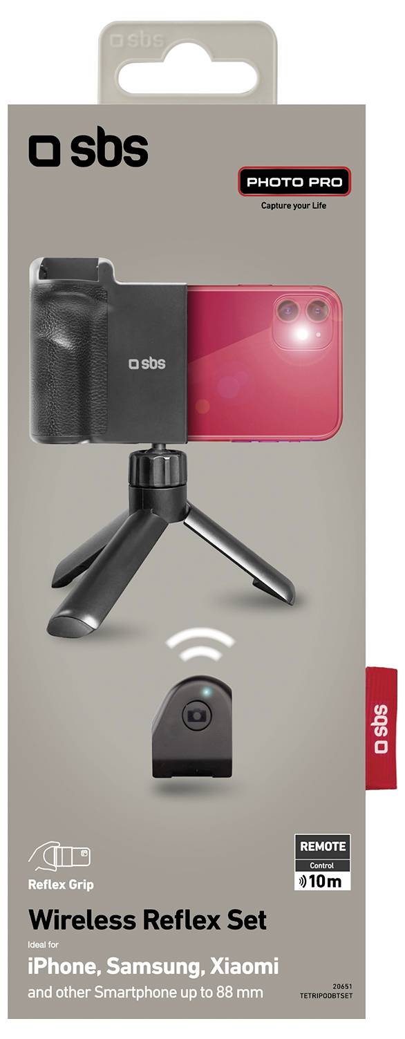 Packaging for 'Wireless Reflex Set' featuring a mini tripod and remote, compatible with iPhone, Samsung, Xiaomi, and smartphones up to 88mm.