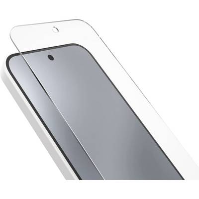 A clear glass screen protector aligned above a smartphone, illustrating how it fits perfectly over the screen.