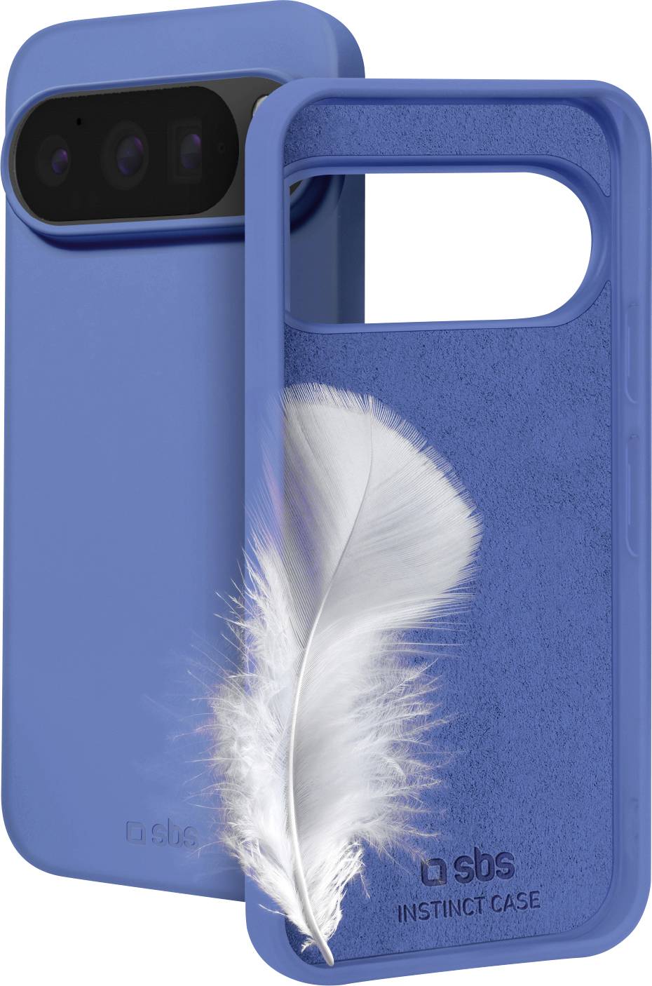 A blue smartphone case with a cutout for the camera and a soft interior, alongside a partially inserted phone, features a feather design.