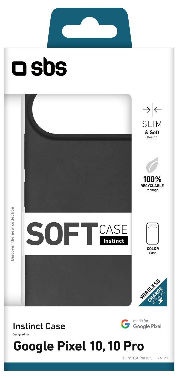 'SBS Instinct Case' packaging for Google Pixel 10 and 10 Pro. Features include slim, soft, 100% recyclable, and color options.