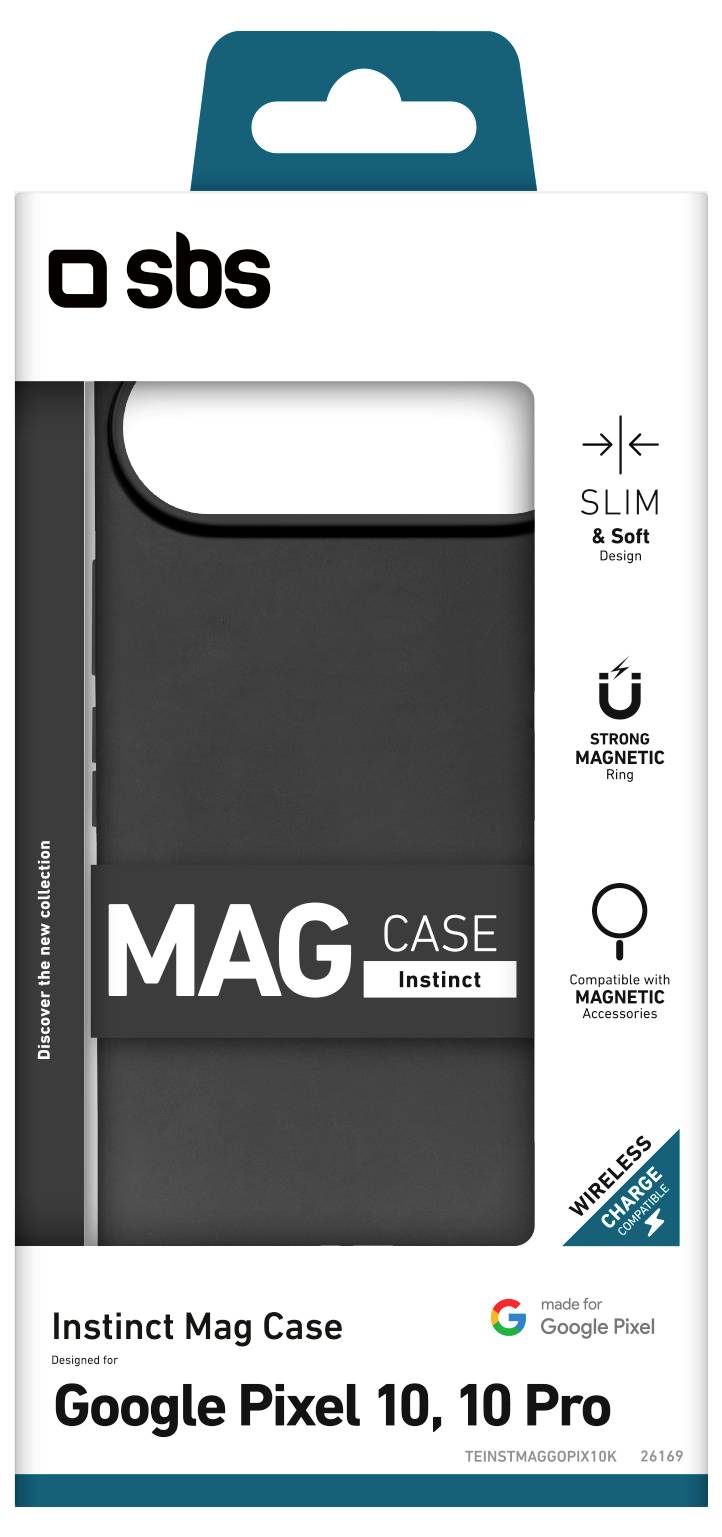 'Instinct Mag Case' packaging for Google Pixel 10, 10 Pro, featuring slim, soft design, strong magnetic hold, and wireless charging compatibility.