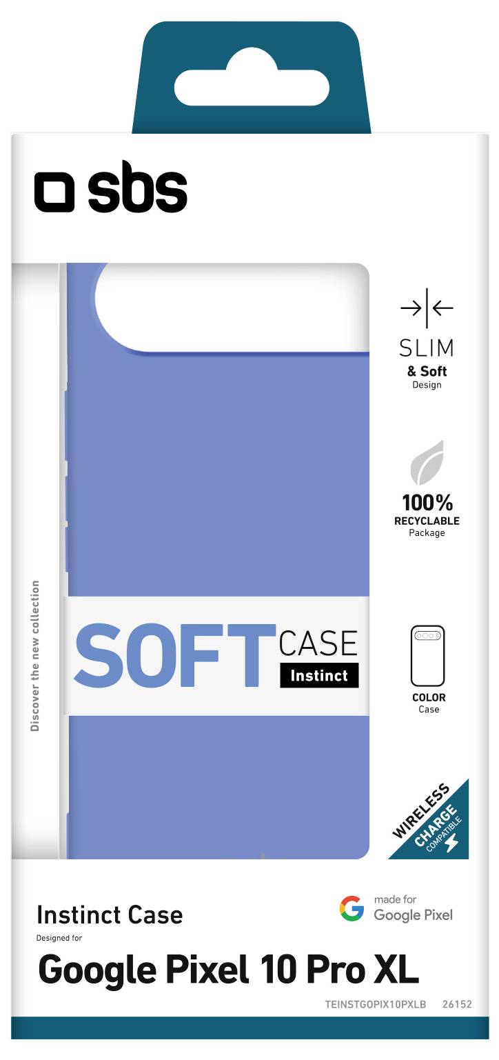 'Instinct Case' packaging for Google Pixel 10 Pro XL. Highlights include slim, soft design, 100% recyclable material, and wireless charging compatibility.
