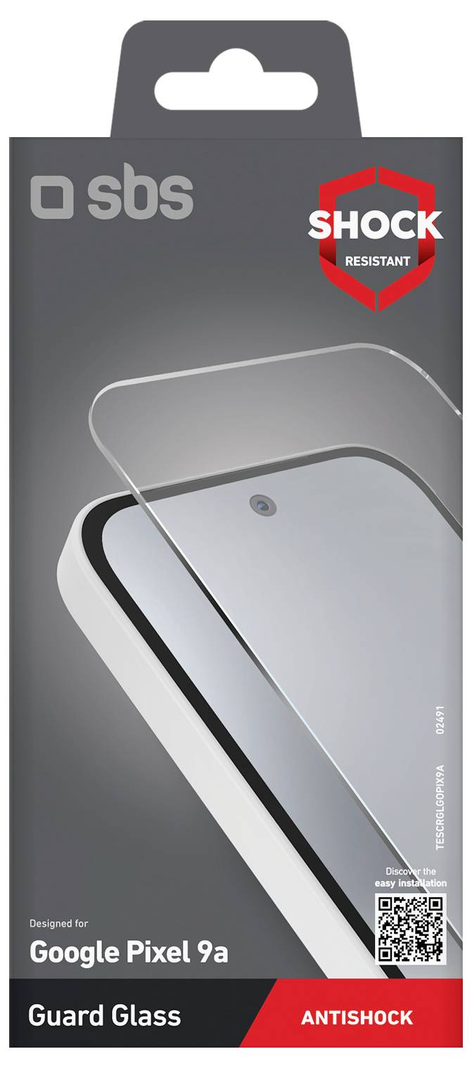 Packaging for SBS Guard Glass, designed for Google Pixel 9a. Features include 'Shock Resistant' in a red badge.