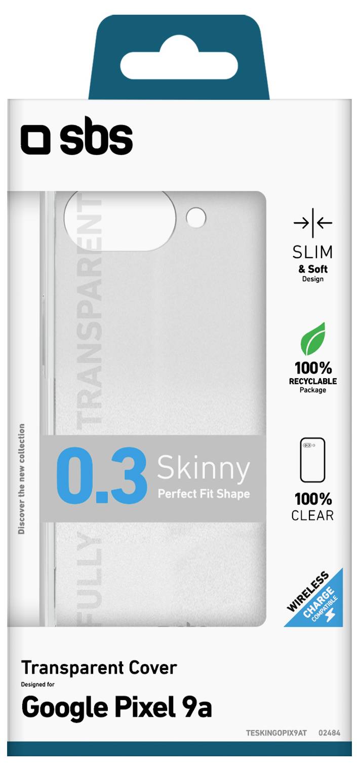 'Transparent cover designed for Google Pixel 9a, slim, soft, 100% recyclable, clear, wireless charging compatible.'