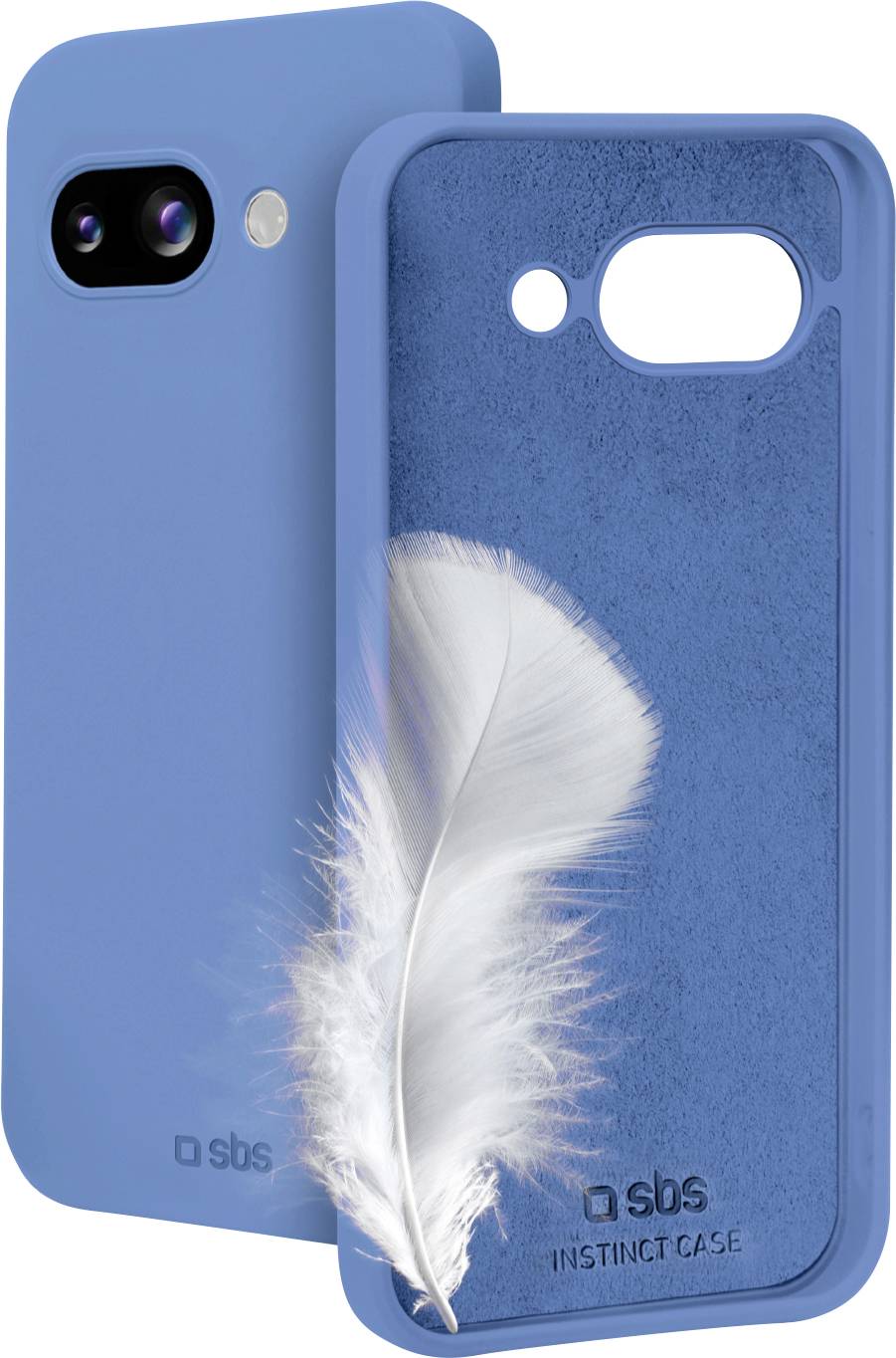 Blue smartphone case with a sleek design features a white feather symbolizing lightness. Camera cutout visible, brand name at bottom.