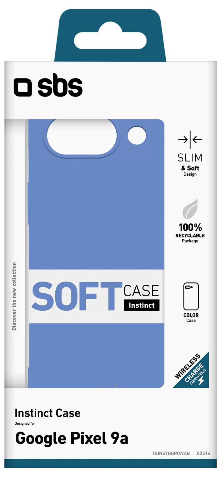 Packaging for a blue 'SOFT CASE Instinct' phone case, designed for Google Pixel 9a. Features include slim design, wireless charge compatibility, and recyclable package.