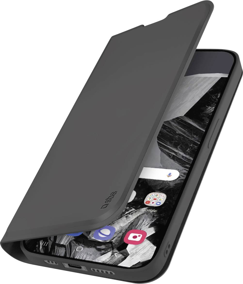 Black smartphone in a protective case with a fold-over cover partially open, displaying a screen with various app icons.