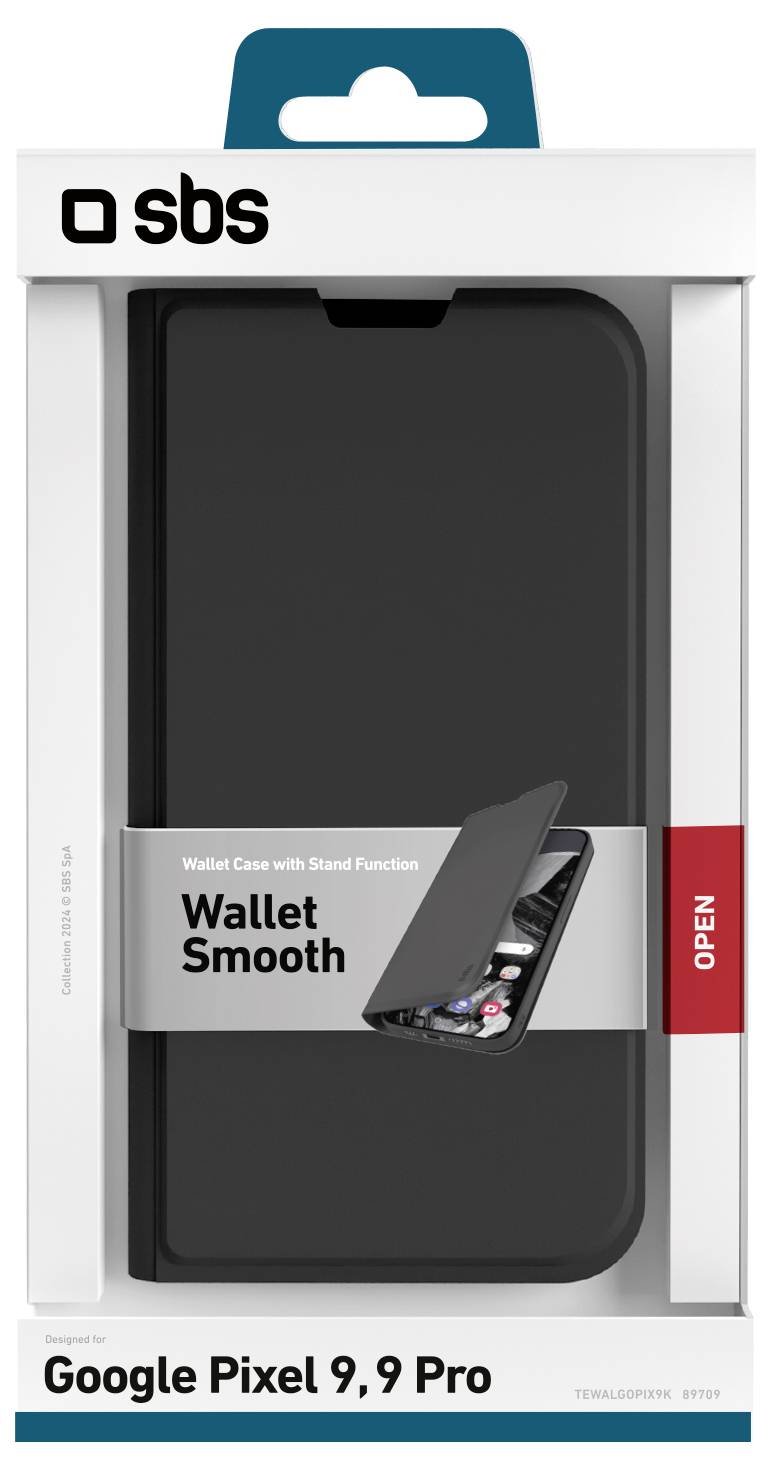 SBS Wallet Smooth case packaging for Google Pixel 9, 9 Pro. Black color, shown with phone inside and stand function highlighted.