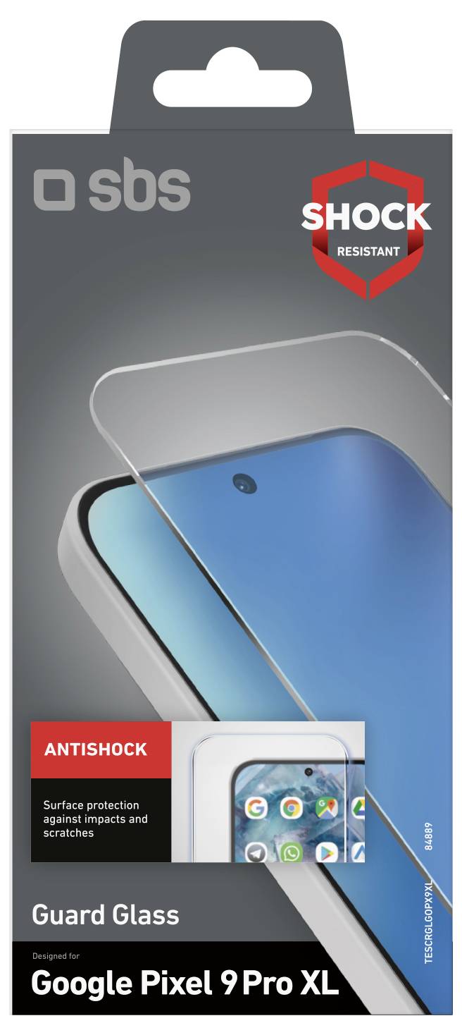 'Guard Glass' packaging for Google Pixel 9 Pro XL featuring a clear screen protector image, labeled 'Antishock' and 'Shock Resistant'.