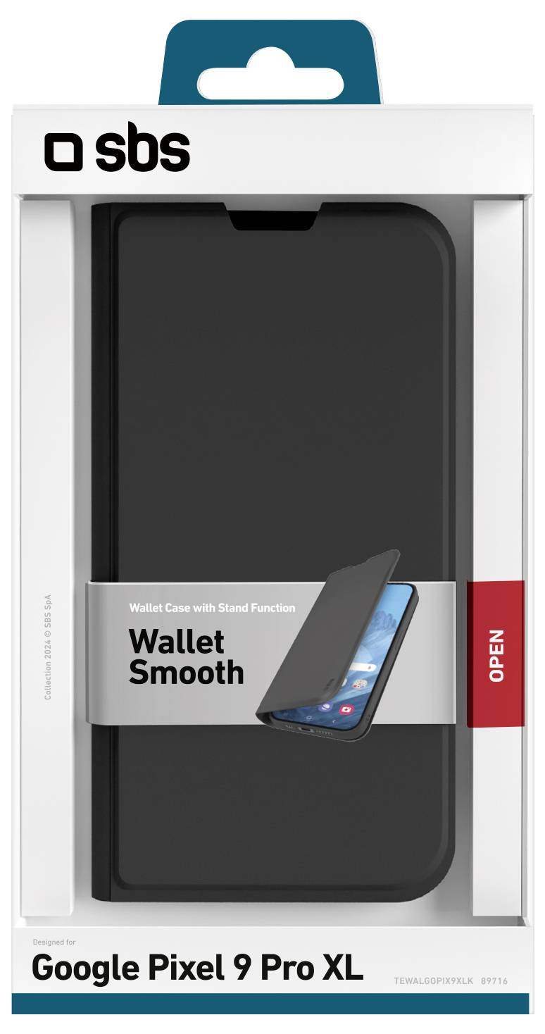 SBS wallet case package for Google Pixel 9 Pro XL, featuring a smooth design and stand function, shown in a protective box with an open flap.
