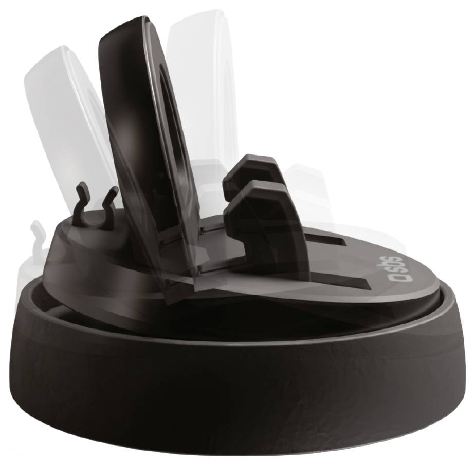 A dark-colored adjustable belt buckle shown in different positions, demonstrating its flexibility and design features.