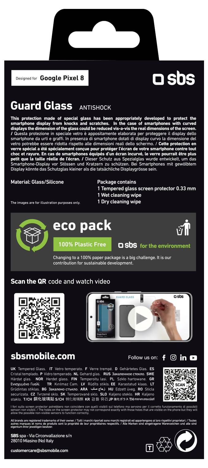 'Guard Glass' packaging for Google Pixel 8 by sbs. Includes tempered glass, black lens and camera cover, photo, QR code, and eco-friendly information.