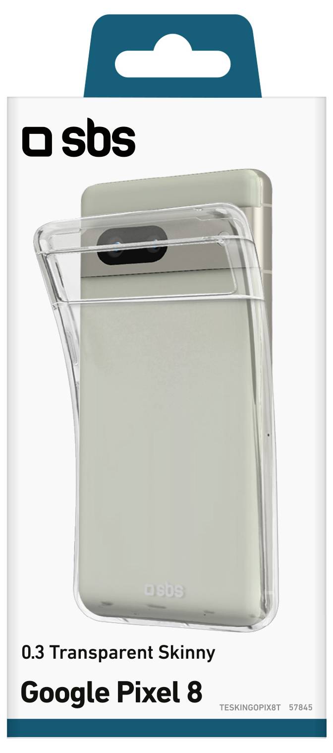 Packaging for 'SBS' brand transparent phone case designed for Google Pixel 8, showing the case partially covering a phone.