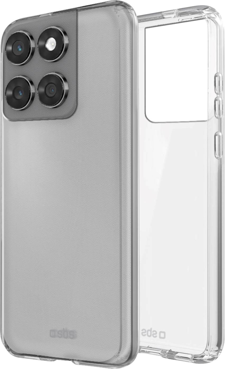 Clear phone case with four camera cutouts displayed on the back of a phone, highlighting the case's transparency and design.