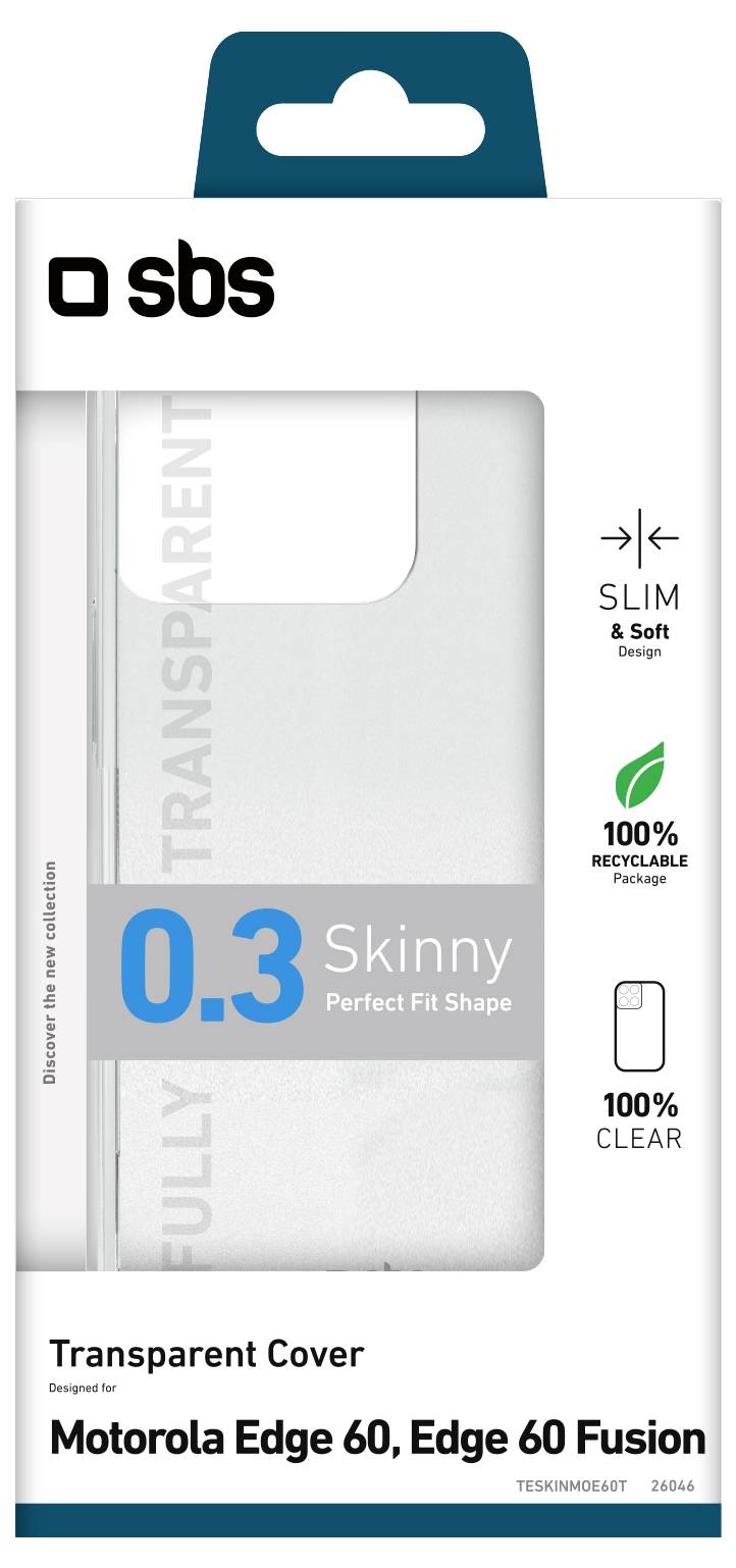 Transparent cover packaging for Motorola Edge 60 and Edge 60 Fusion. Features include "Slim & Soft Design," "100% Recyclable," and "0.3 Skinny."