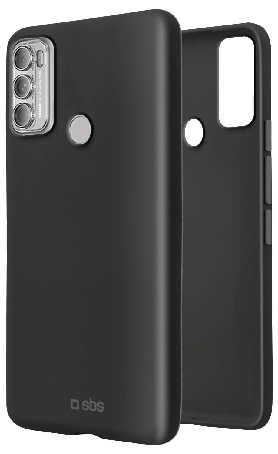 'Two black SBS phone cases with cutouts for camera, fingerprint sensor, and buttons, shown from back and side angles.'