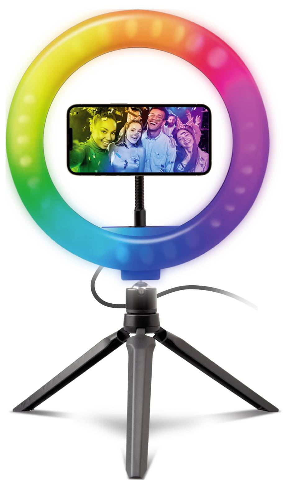 A circular rainbow LED ring light on a tripod holds a smartphone displaying a colorful group selfie.