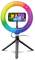 A circular rainbow LED ring light on a tripod holds a smartphone displaying a colorful group selfie.