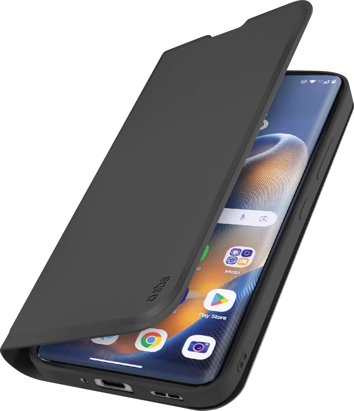 A smartphone encased in a sleek black flip cover, partially opened, showing app icons on the phone's screen.