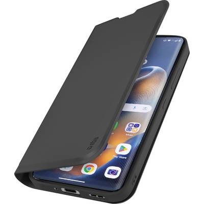 A smartphone encased in a sleek black flip cover, partially opened, showing app icons on the phone's screen.