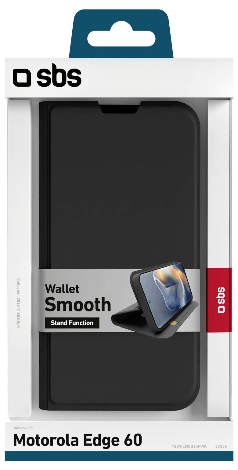 'Wallet Smooth Stand Function' phone case packaging for Motorola Edge 60, featuring a stand function, in a branded SBS box.