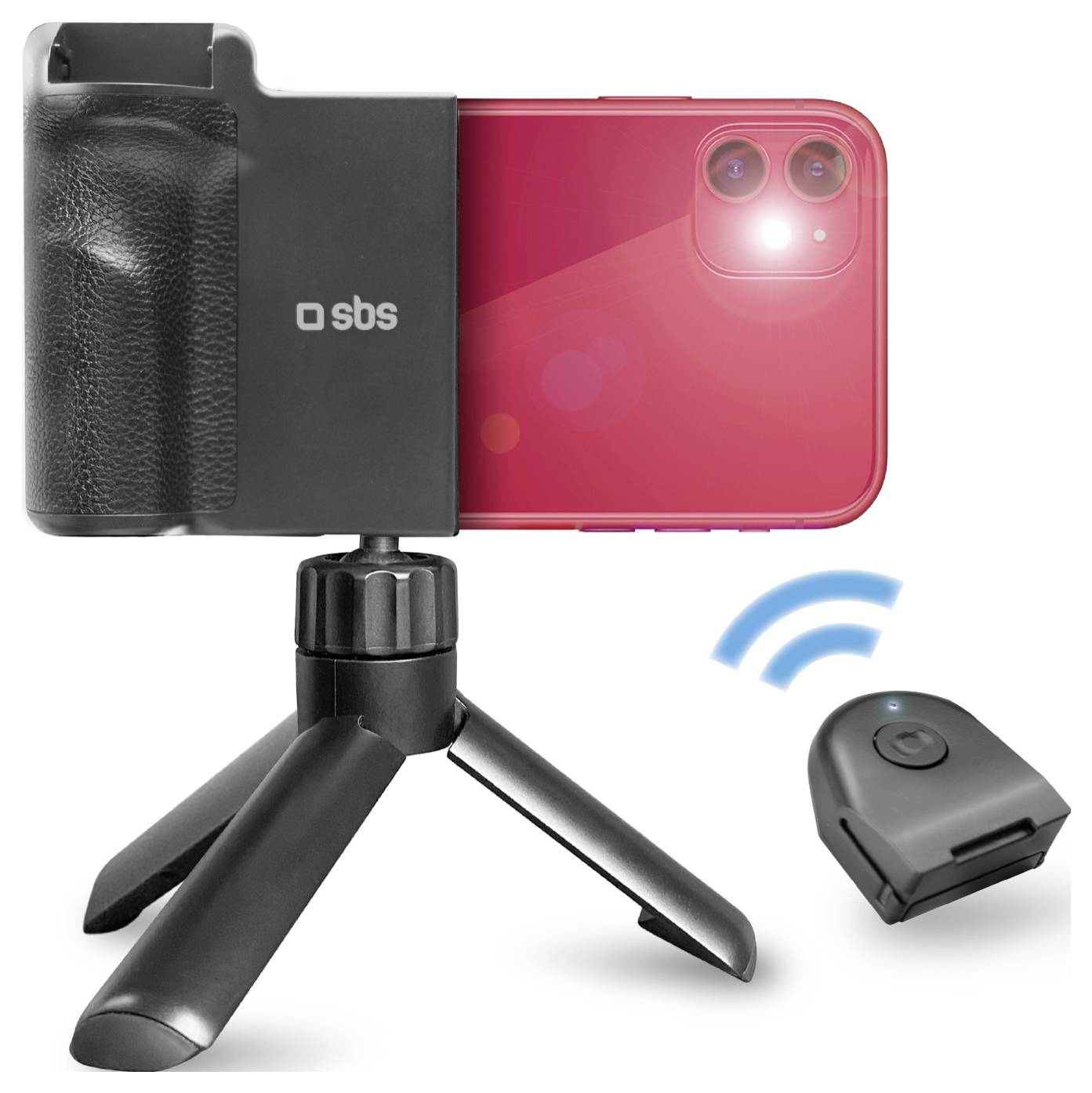 'A smartphone held in a compact tripod with a Bluetooth remote, suggesting a setup for steady photography or videography.'