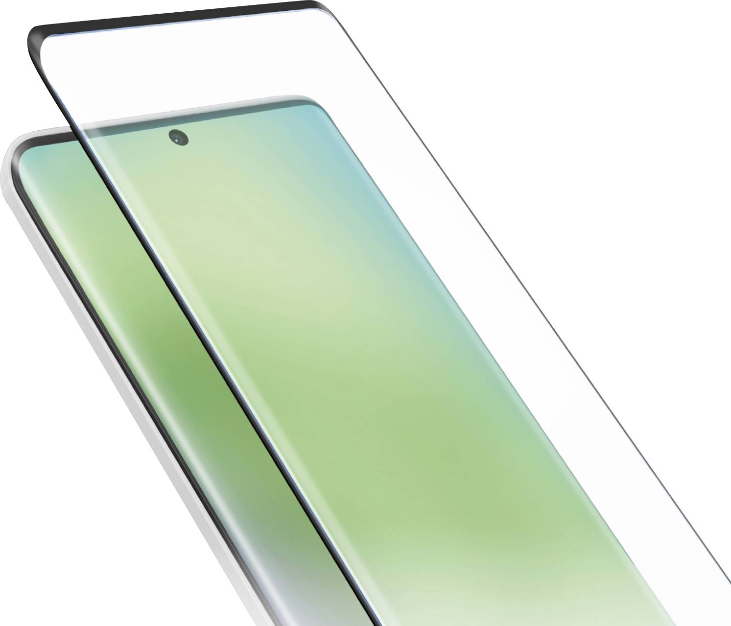 A smartphone with a green and blue gradient screen, partially covered by a protective screen film.