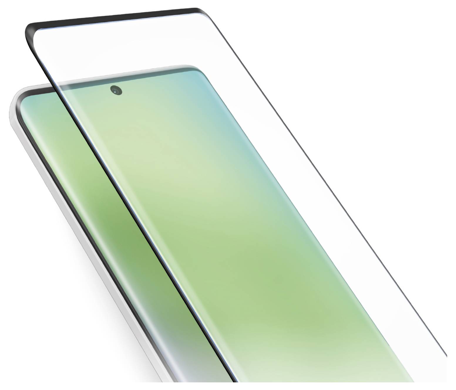 A smartphone screen with a curved edge display is being fitted with a transparent screen protector.