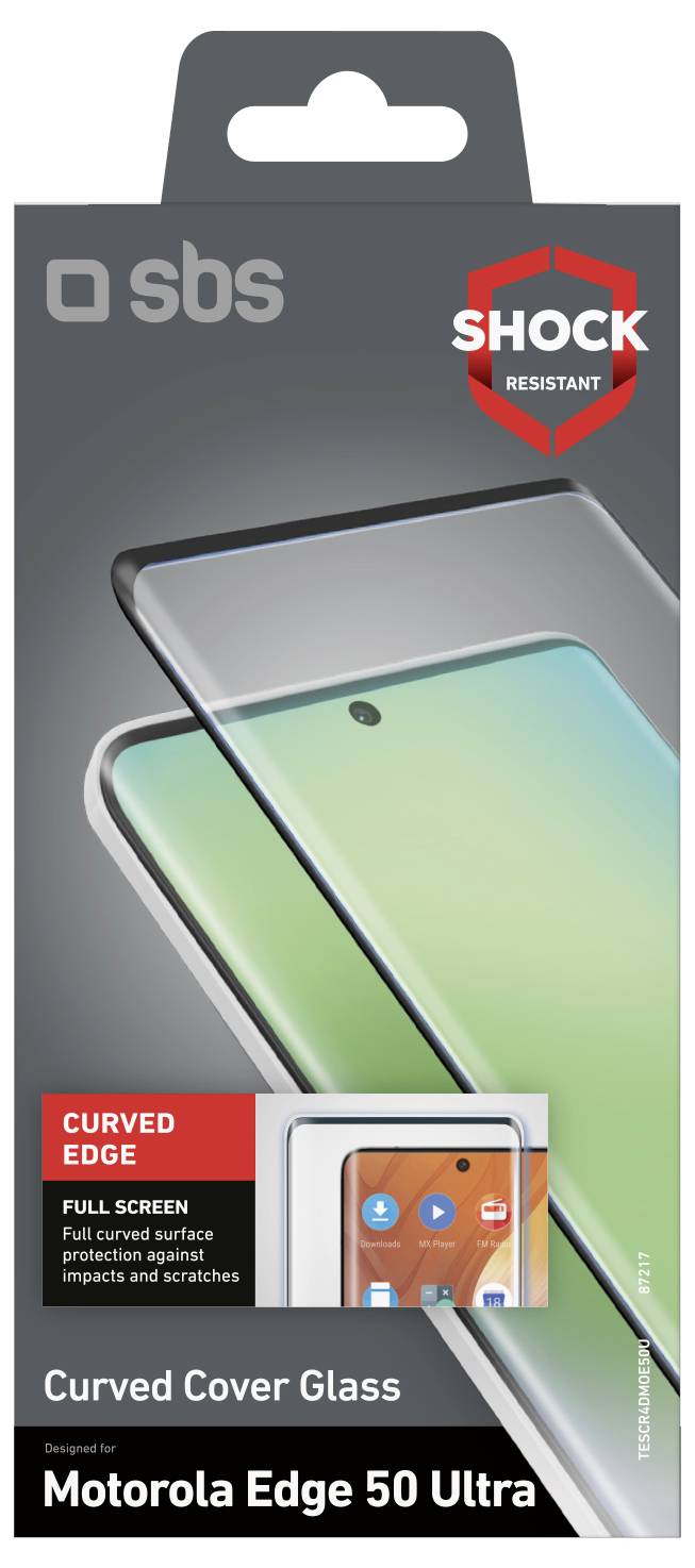 'Curved Cover Glass' packaging for Motorola Edge 50 Ultra, showing screen protector image and icons highlighting features like shock resistance.