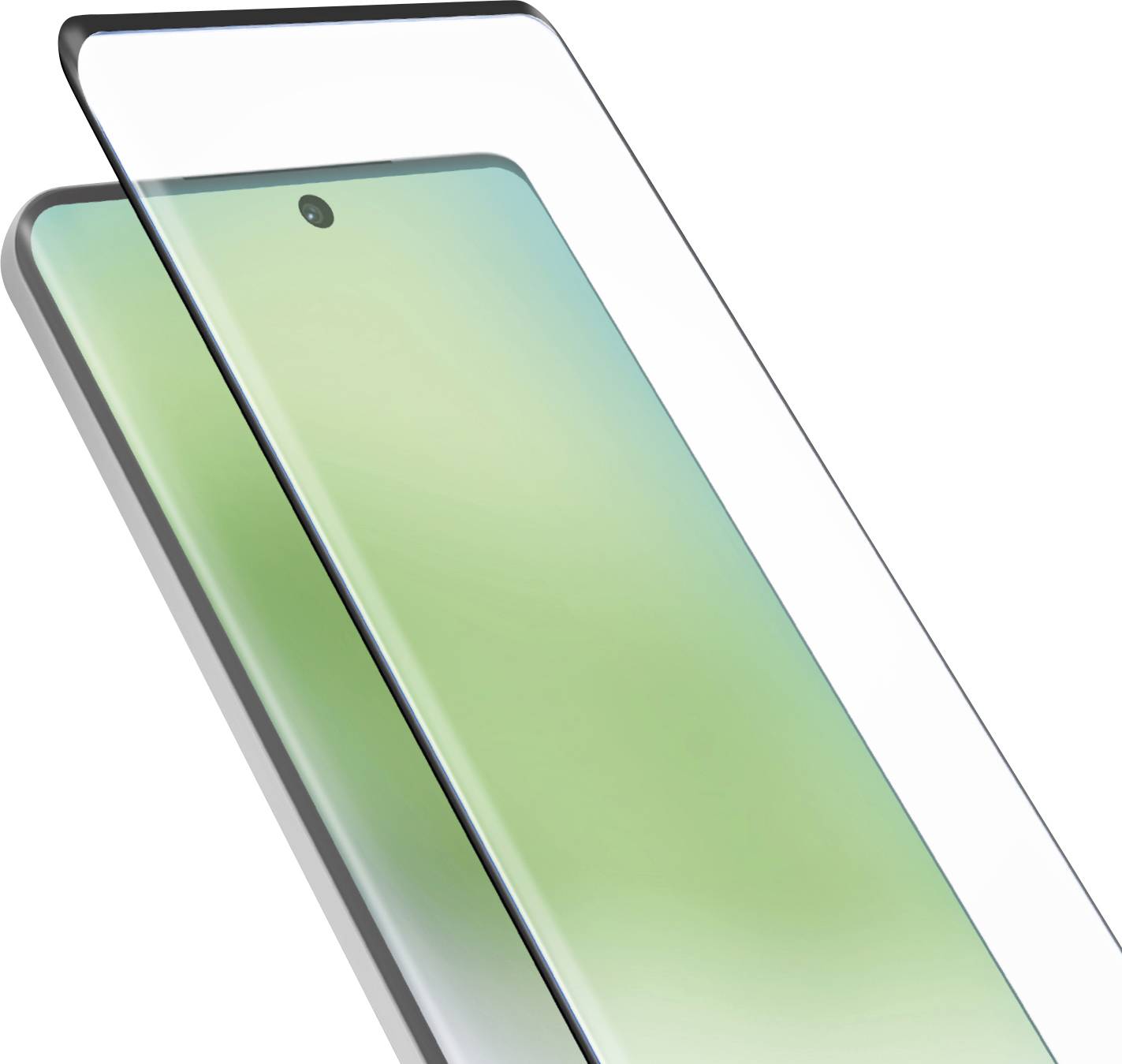 A smartphone with a light green display is overlaid with a transparent screen protector, highlighting its slim design and curved edges.