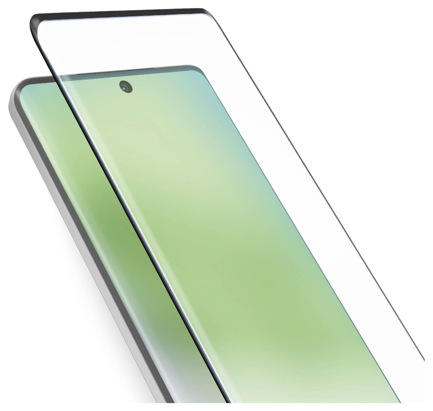 A smartphone with a green gradient screen is shown under a transparent screen protector, highlighting device protection features.
