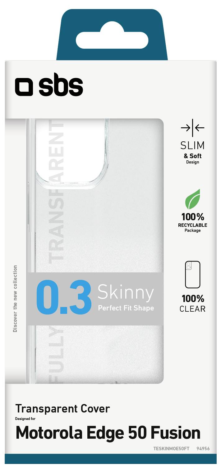 Packaging for a transparent cover for Motorola Edge 50 Fusion. Features include slim design, 0.3mm thickness, and 100% recyclable.