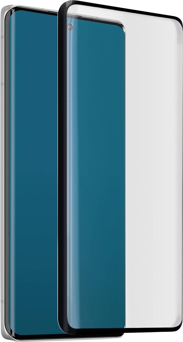 A smartphone with a blue screen and rounded edges is encased in a clear protective cover with a black frame.